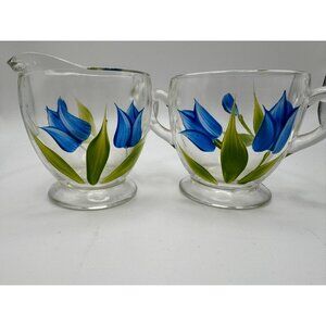 Vintage Bartlett Collins Creamer Sugar Bowl Blue Tulips Gay Fad 50’s Vtg